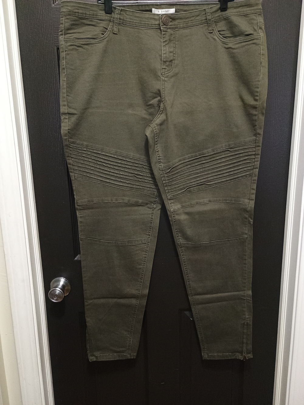 K Jordan Olive Green Straight-Leg Moto Detail Pants